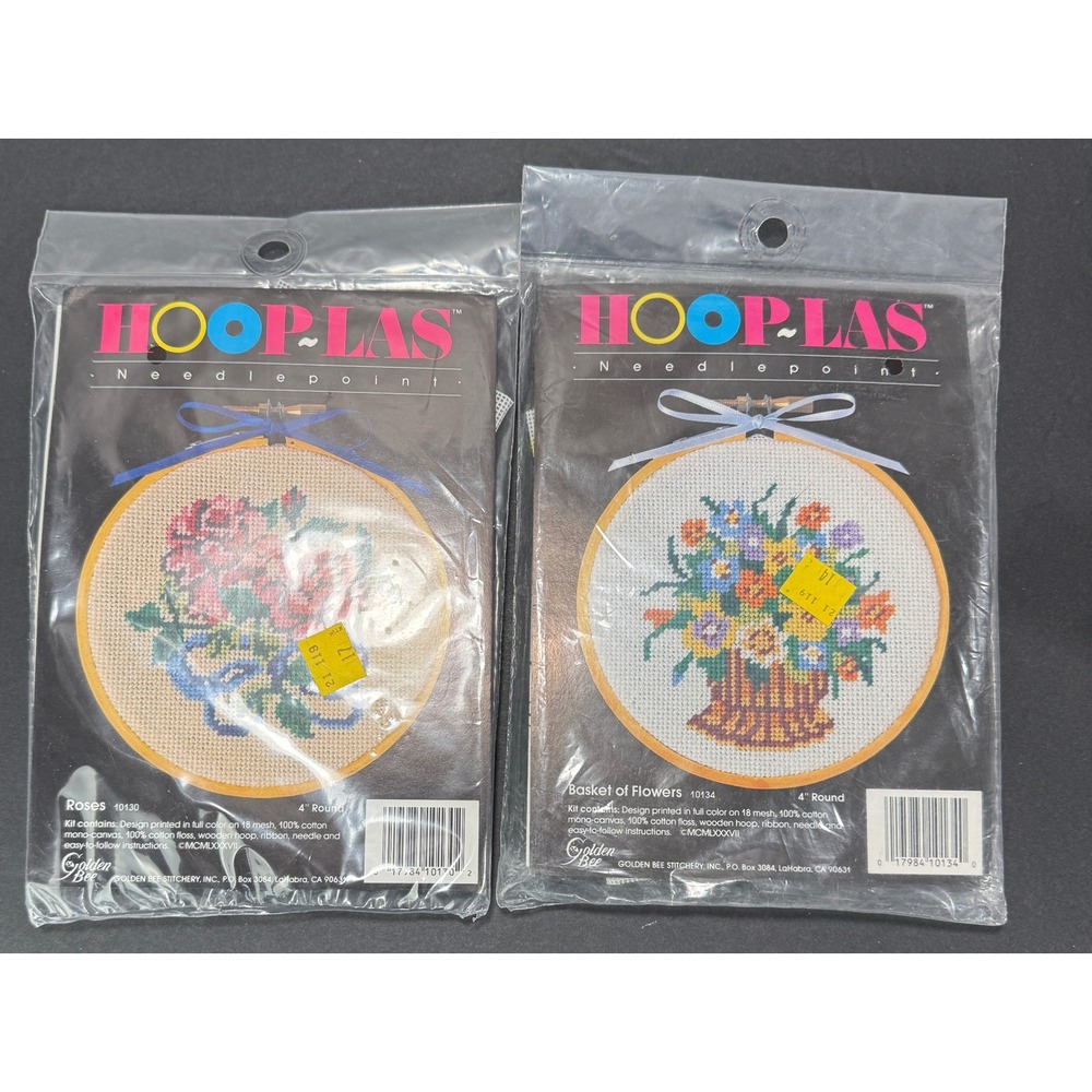 Golden Bee Hoop-Las Needlepoint Kit 4in Multicolor Floral Vintage 2 Pack